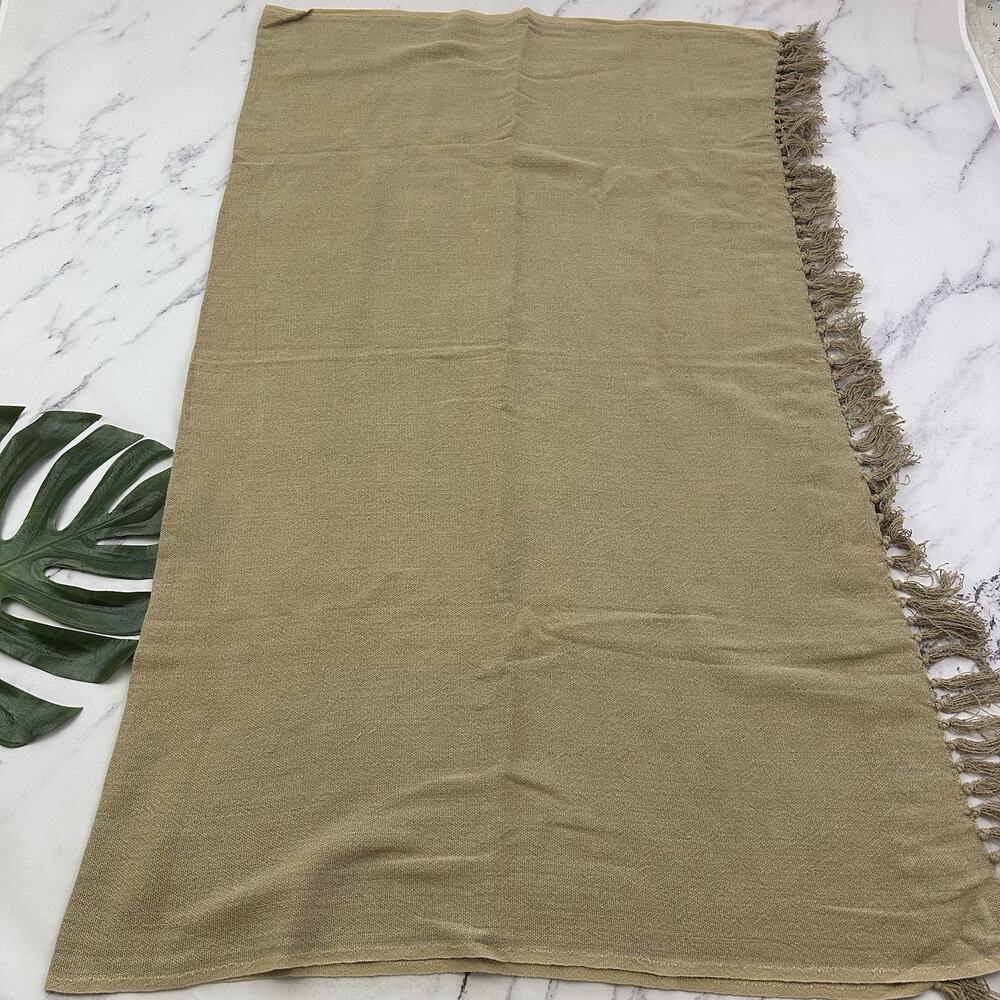 Pottery Barn Linen Cotton Blend Throw Blanket Tan Brown Fringe Woven 50x60 in - Picture 2 of 5